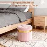 xuperbonus Small Ottoman with Storage,Folding Round Ottoman with Gold Trim,Velvet Storage Stool,Foot Stool with Soft Padded,Foot Rest for Living Room13“x13”x12.4(Pink,1pcs)