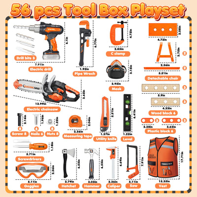 Kids Tool Set Toys, 56 Pcs Toddler Tool Set with Toy Chainsaw & Electronic Drill,Vest, Pretend Play Kids Construction Tools Toy for Toddler 3-5 Years Old Christmas Birthday Gifts