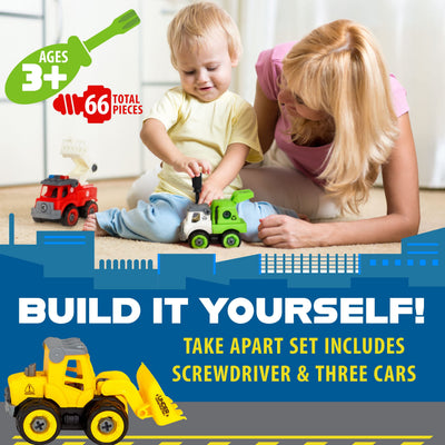 Power Gearz Take Apart Toy with Screwdriver and Screws- 3 Pack Truck Set for Boys and Girls- Fire Truck, Construction Garbage Trucks- Vehicle Set - Building Toys for Kids Ages 3-5