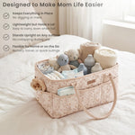 Konssy Floral Quilted Diaper Caddy Organizer, Diaper Caddy Basket with PU Leather Handles, Water-Repellent Nursery Storage Basket, Portable Car Organizer, Registry Search Must Haves (Floral)