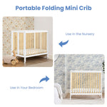 Delta Children Mia Portable Folding Mini Crib with 1.5-Inch Mattress - Greenguard Gold Certified, Bianca White/Natural