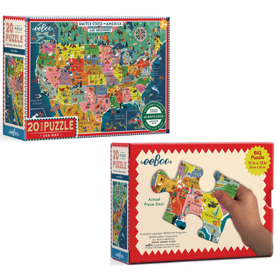 eeBoo: USA Map - 20-Piece Puzzle – 11x15 Educational Geography & Cultural Awareness Jigsaw, Oversized Pieces, Skill Building Play, Preschool, Kids 3+