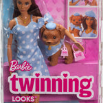 Barbie Twinning Looks Doll with Pet Dog in Matching Blue Polka Dot Clothes and Accessories for Both Like Berets and Purses, Brown Hair