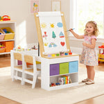 Callales Kids Art Table and 2 Chairs Set, Wooden Craft Desk with 2 Storage Shelves, 6 Storage Bins & Paper Roll for Drawing, Learning and Reading, Toddler Activity Play Desk for Home, 47 L x23 W