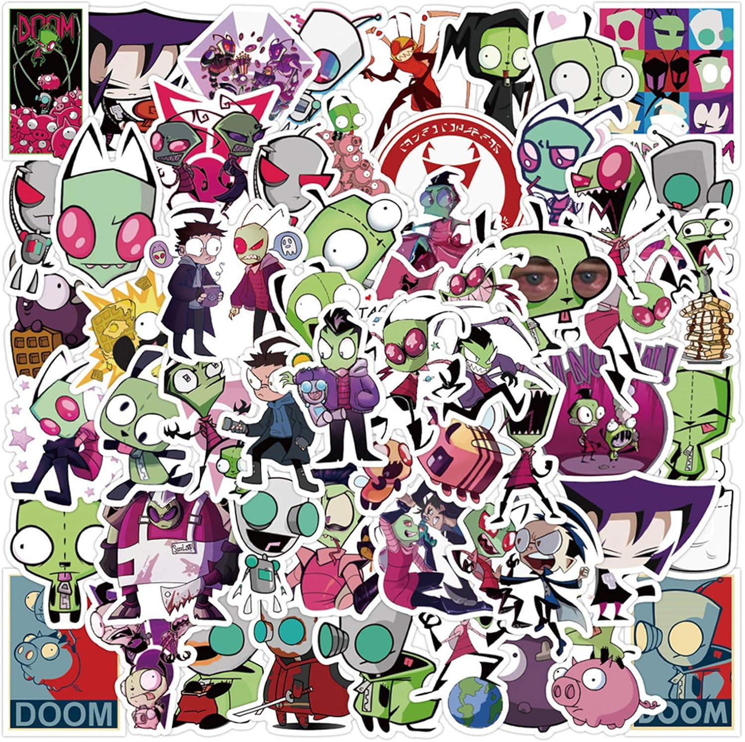 50pcs Invader Movie ZIM Stickers for Kids, Cute Water Bottle Stickers for Kids Waterproof, Vinyl Laptop Kid Sticker Pack (White)