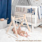 Wooden Baby Gym with 6 Gym Toys, Foldable Baby Play Gym, Natural Pine Wood Play Gym, Frame Activity Center Hanging Bar, Wooden Play Gym