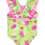 RuffleButts Girls UPF50+ Sun Protection Ruffle V-Back One Piece Swimsuit - Neon Turtle Tide, 2T