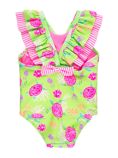 RuffleButts Girls UPF50+ Sun Protection Ruffle V-Back One Piece Swimsuit - Neon Turtle Tide, 2T