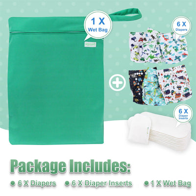 wegreeco Cloth Diapers 6 Pack with 6 Inserts & 1 Wet Bag, Washable Cloth Diapers for Babies, One Size Adjustable Reusable (Car, Airplane)