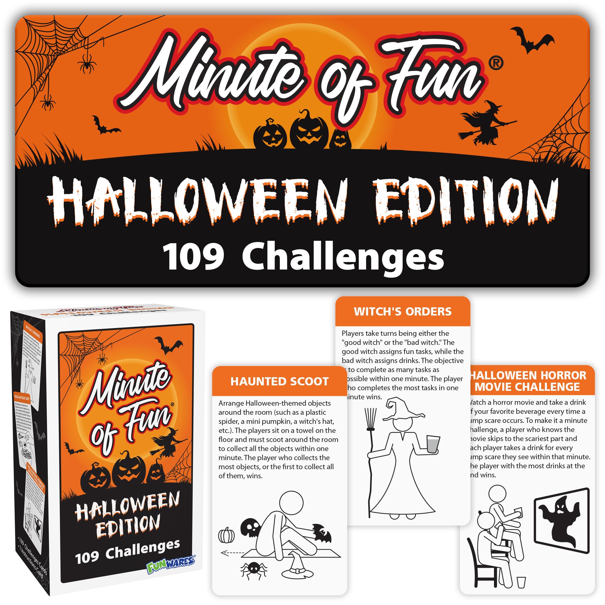 Funwares Minute of Fun Game - Minute to Win It Games for Kids, Adults, Teens, Families, Game Night, Gift for Home, Birthdays, or Travel. 2-12 Players! Outdoor - 272 Challenges