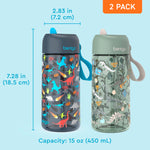 Bentgo Kids Water Bottle 2-Pack - Leak-Proof Durable Tritan BPA-Free 15 oz Cup for Kids/Toddlers Ages 3+; Bite & Sip Spout + Dishwasher Safe for School/Sports/Daycare/Camp (Dinosaur/Dino Fossils)