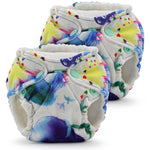 Two colorful baby diapers with a watercolor pattern on a white background