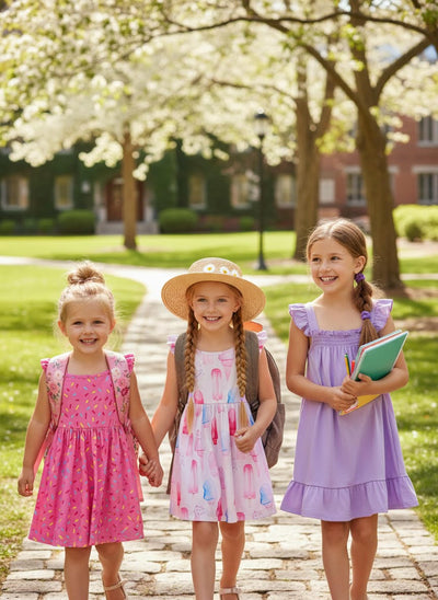 PATPAT Girls Summer Dress Set – Pink Ice Cream & Sprinkle Prints, Ruffle Sleeves & Lavender Smocked Strap Dress, Perfect for School, Play & Parties, 4–5T