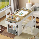 Gyfimoie Kids Art Table and 2 Chairs Set,3 in 1 Wooden Craft Desk with 2 Drawers,3 Fabric Drawers,Storage Shelf,Paper Roll,Learning and Reading, Activity Play Desk for Home
