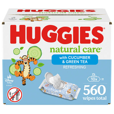 Huggies natural care wipes packaging with cartoon tiger character and product details.