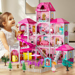 JUKUDAHU Villa Girls Toys for Kids Ages 2 3 4 5 6 7 - Indoor and Outdoor Toys for Ages 3-8 with 2 Dolls, Pretend Toddlers Playset with Accessories and Furniture, 4-8 Year Old Girl Birthday Gifts