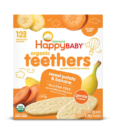 Happy Baby organic teething wafers packaging with sweet potato and banana flavor on a white background