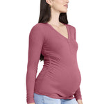 Motherhood Maternity Women's Long Sleeve V-Neck Side Ruched Henley Pregnancy Tee Shirt, Red Violet, Medium