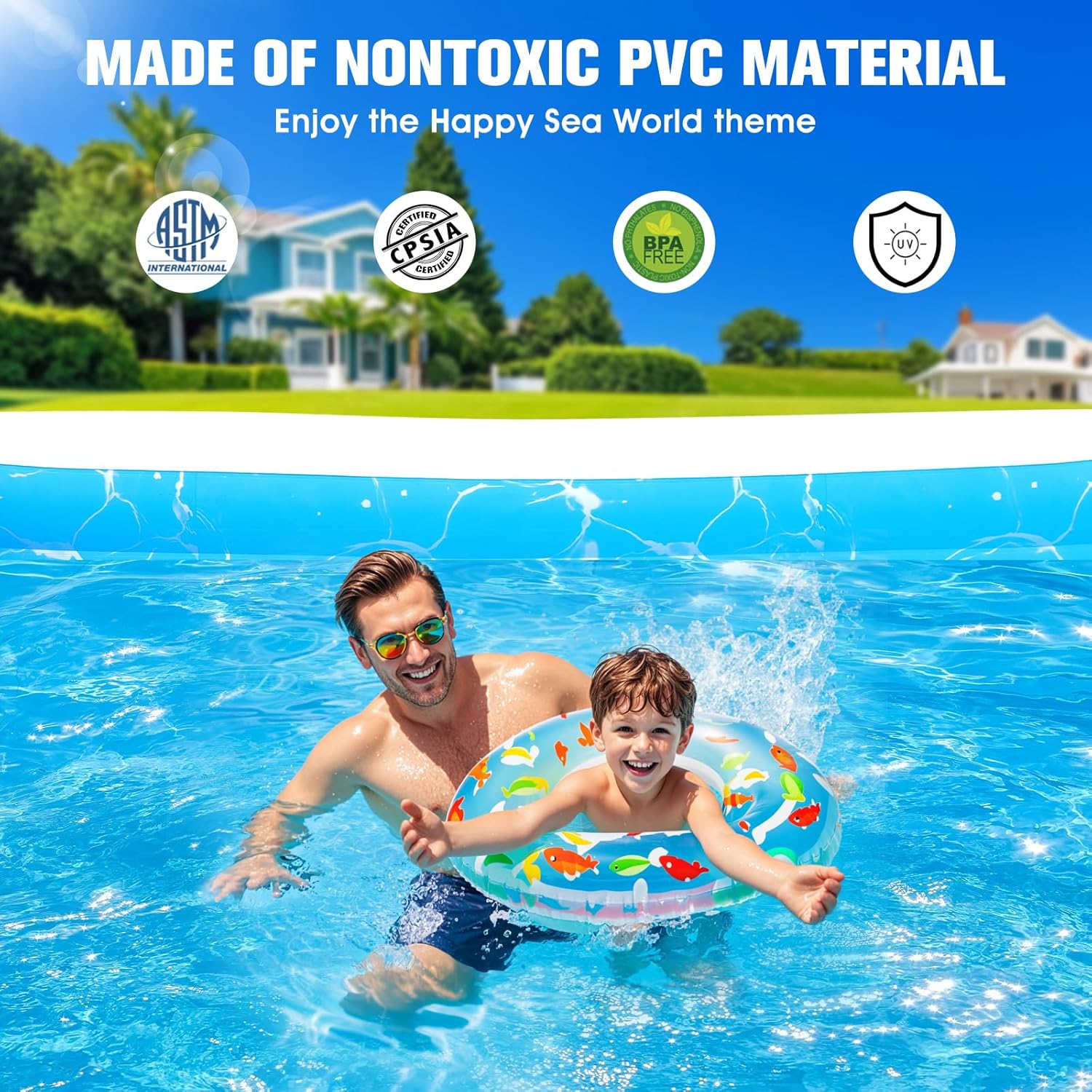 Inflatable Pool with Seat and Pool Lights, Durable Thickened Large Size Family Inflatable Pools for Adults Blow Up Pools,105" x 65" x 25"Swimming Inflatable Kids PooI for Backyard,Outdoor (White)