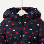 Amazon Essentials x Sofia Grainge Baby Girls' Water-Resistant Hooded Puffer Jacket, Navy Hearts, 18 Months