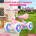 DRAMATION Baby Balance Bike for 1 Year Old Girls, 10-18 Months Toddler Balance Bike with No Pedal 4 Silence Wheels, Baby Walker, 1st Birthday Gift (Colorful Lighting)