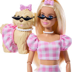 Barbie Twinning Looks Doll with Pet Dog in Matching Pink Gingham Clothes and Accessories for Both Like Sunglasses, Necklaces and Bows, Blonde