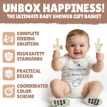Kiddibodi Baby Gift Set | 11 Piece Gender Neutral Newborn Gift Basket for Boys & Girls – Baby Essentials with Plate, Bib, Spoon, Cup, Feeder, Outfit, Rattles & Storage Bag