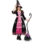Spooktacular Creations Halloween Fairytale Witch Dress for Kids, Girls Cute Witch Costume Deluxe Set with Broom for Toddler Halloween Role Play Parties, Pink (S 5-7yrs)