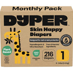 DYPER Monthly Pack Baby Diapers Size 1 (8-14 lbs) 216 Count - Leak-Proof & Plant Based, Hypoallergenic and Ultra Absorbent Size 1 Diapers for Day and Overnight Skin Protection (Packaging May Vary)