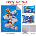 Disney Mickey Mouse Toddler Bed Set | 4 Piece Bedding Set | Fitted Sheet, Pillow Case, Top Sheet, and Comforter Quilt - Blue
