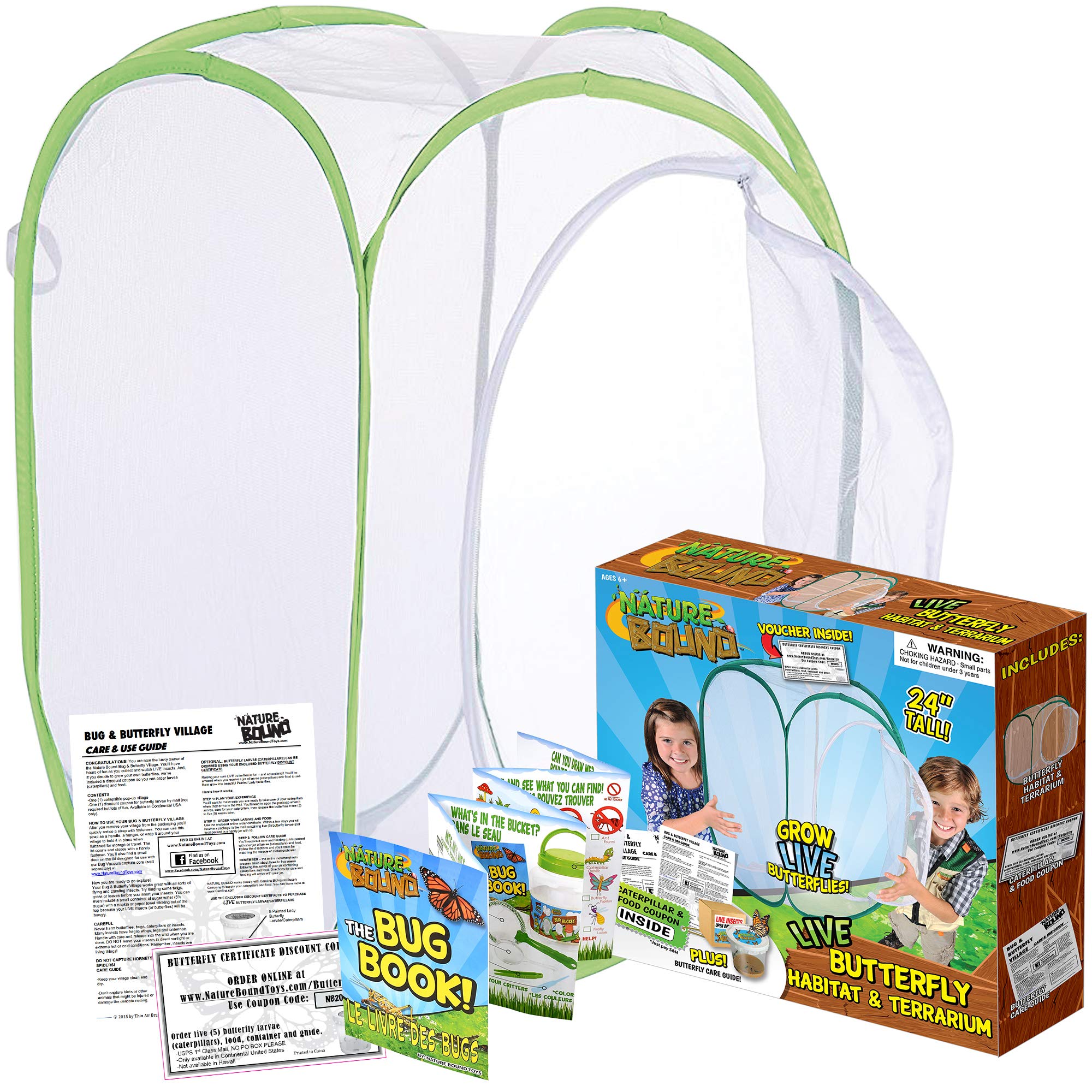 Nature Bound Butterfly Growing Kit - Live Caterpillar to Butterfly Project for Kids - Includes Voucher for Caterpillars, Green Pop-Up Enclosure, and STEM Learning Guide