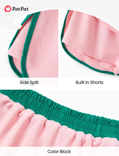 PATPAT Girls 2 Piece Outfits Size 7-8 Years, Pink Green Color Block T Shirts and Skorts Clothing Sets, Girls Summer Outfits, Trendy Clothes Skirt Sets Summer Clothes Lounge Sets