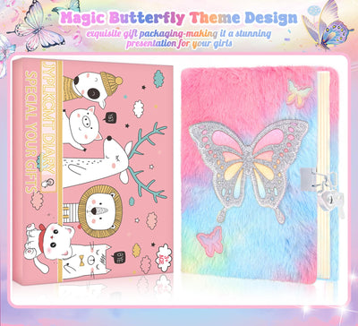 Fluffy Butterfly Diary with Lock for girls, 6 7 8 year old girl Birthday Gifts, Princess Diaries Girls diary journals, Back to School Supplies Notebook, Birthday Christmas Gifts for daughter granddaughter niece