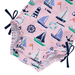 RuffleButts Baby Girls UPF 50+ Sun Protection Novelty Print Long Sleeve One Piece Rash Guard Swimsuit with Zipper - Pink Sweet Sails, 3-6m