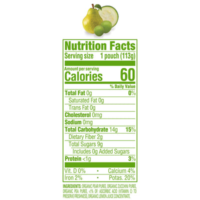 Happy Baby Organics Stage 2 Baby Food Pouches, Gluten Free, Vegan & Healthy Snack, Clearly Crafted Fruit & Veggie Puree, Pears, Zucchini & Peas, 4 Ounces (Pack of 16)