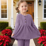 Kucnuzki 3T 4T Little Girls Clothes Two Piece Outfits Long Sleeve Purple Shirt Baby Girl Sweatshirt Peplum Top Plain Knit Casual Leggings Pants Toddler Outfit