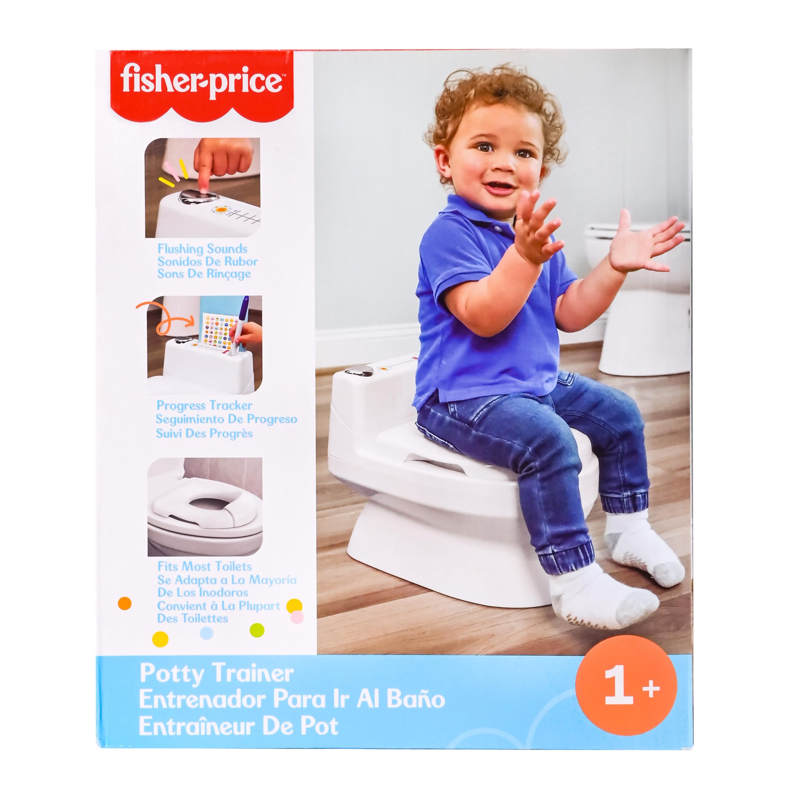 Fisher-Price™ 2-N-1 Potty Trainer with Flushing Sounds, Chart & Storage – White Floor Potty Chair with Splash Guard, Removable Ring & Bowl, Patented Snap Safe Ring Technology