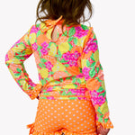 RuffleButts Girls UPF50+ Long Sleeve Rash Guard Ruffle Shorts 2-Piece Swimsuit - Neon Squeeze The Day, 2T