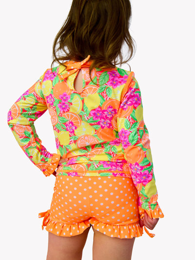 RuffleButts Girls UPF50+ Long Sleeve Rash Guard Ruffle Shorts 2-Piece Swimsuit - Neon Squeeze The Day, 2T