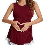 Xpenyo Womens Maternity Tank Top Sleeveless Lace Crochet Trim Peplum Cami Shirts Wine Red XL