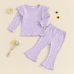 FOCUSNORM Toddler Baby Girl Outfits Ruffle Long Sleeve Lettuce Trim Tops + Flare Pants Set Toddler 2Pcs Fall Winter Clothes (Purple, 18-24 Months)