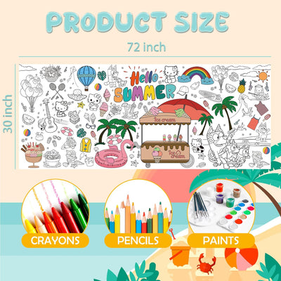 Summer Giant Coloring Poster/Tablecloth - Summer Toys - 30 x 72 Inches Jumbo Paper Coloring Banner - Kids Crafts Activities Gifts Games Ice Cream Party Favors Birthday Decorations - Travel Essential