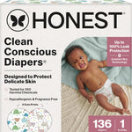The Honest Company Clean Conscious Diapers for Delicate Skin | Up to 100% Leakproof | Hypoallergenic, Fragrance Free | Gender Neutral | Club Box, Size 1 (8-14 lbs), 78 Count (Prints May Vary)