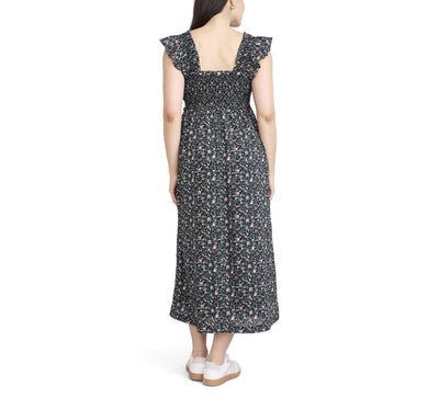 Motherhood Maternity Women's Sleeveless Ruffle Shoulder Smocked Maxi Pregnancy Dress, Black Ditsy Floral, Large