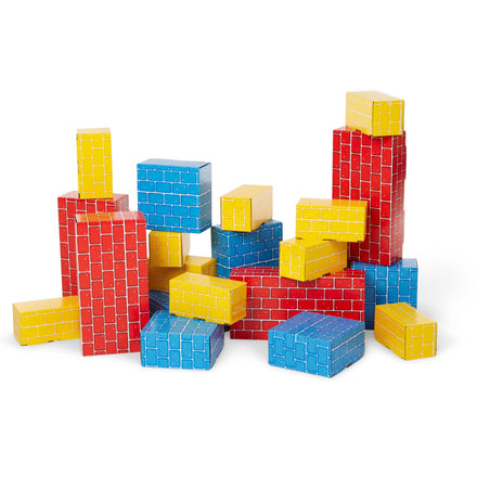 Colorful building blocks in red, blue, and yellow on a white background
