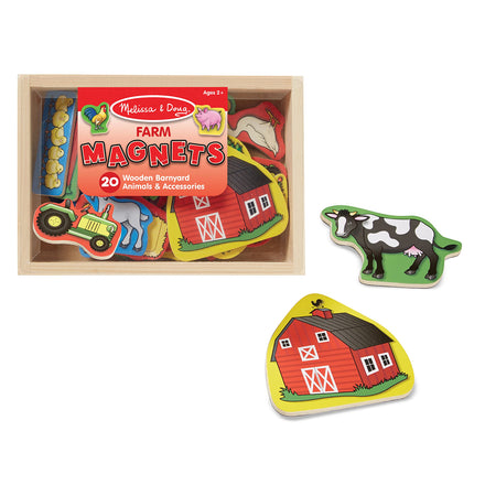 Melissa & Doug farm magnets set with wooden box and magnetic barn and cow on a white background
