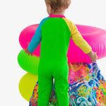 RUGGEDBUTTS Baby Boys UPF50+ Sun Protected Full Length Long Sleeve Rash Guard One Piece Swimsuit - Neon Color Block, 3-6m