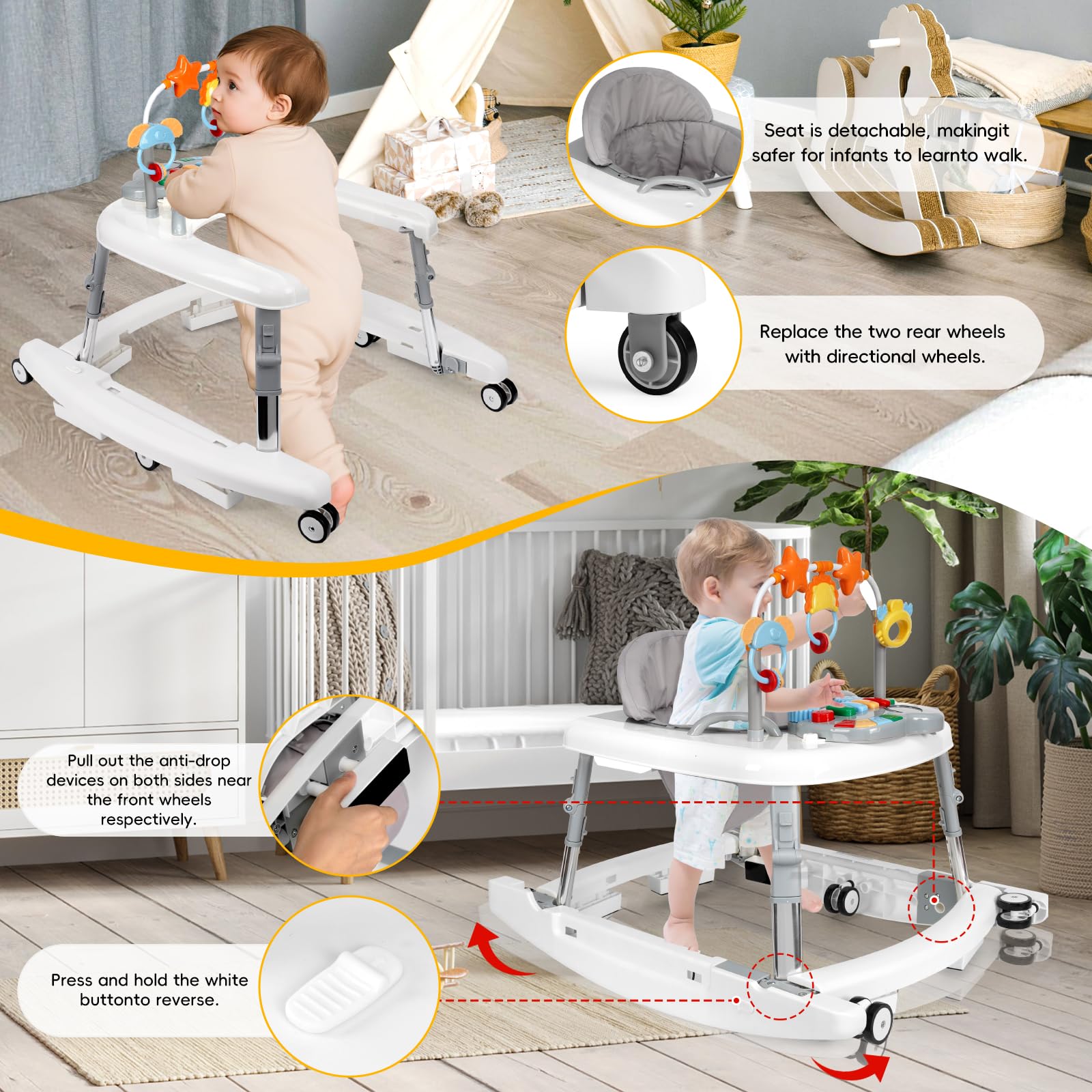 Wolfcode 5-in-1 Music and Lights Baby Walker Foldable with 5 Adjustable Heights, Baby Walker with Wheels and Bouncer Combo Portable, Infant Toddler Walker for Baby Boy Girls 6-18 Months