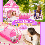 3 in 1 Girls Princess Play Tent for Kids: Pop Up Toddlers Playhouse with Baby Crawl Tunnel, Ball Pit and Castle Tent - Pink Children Play Tent Toys Indoor and Outdoor Game for Birthday Gift
