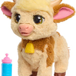 Plush toy cow with a bell and blue bottle on a white background